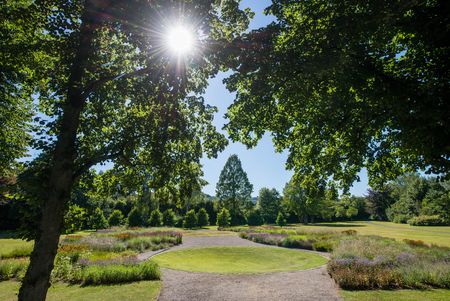 Sonniger Park mit gepflegtem Rasen, blühenden Blumenbeeten und von Bäumen eingerahmtem Weg.