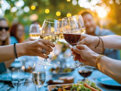 Lachende Personen, die mit Wein anstoßen.