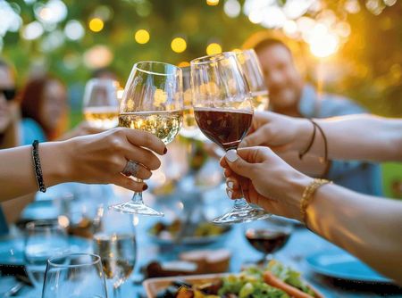 Lachende Personen, die mit Wein anstoßen.