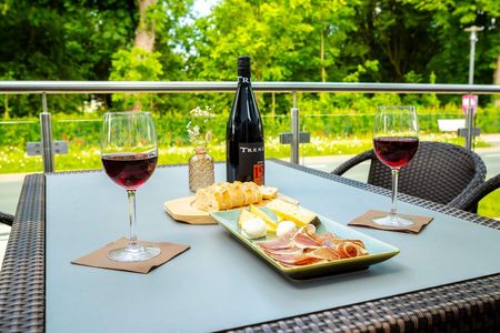 Esstisch draußen auf der Terrasse mit Wein und einer Käseplatte.
